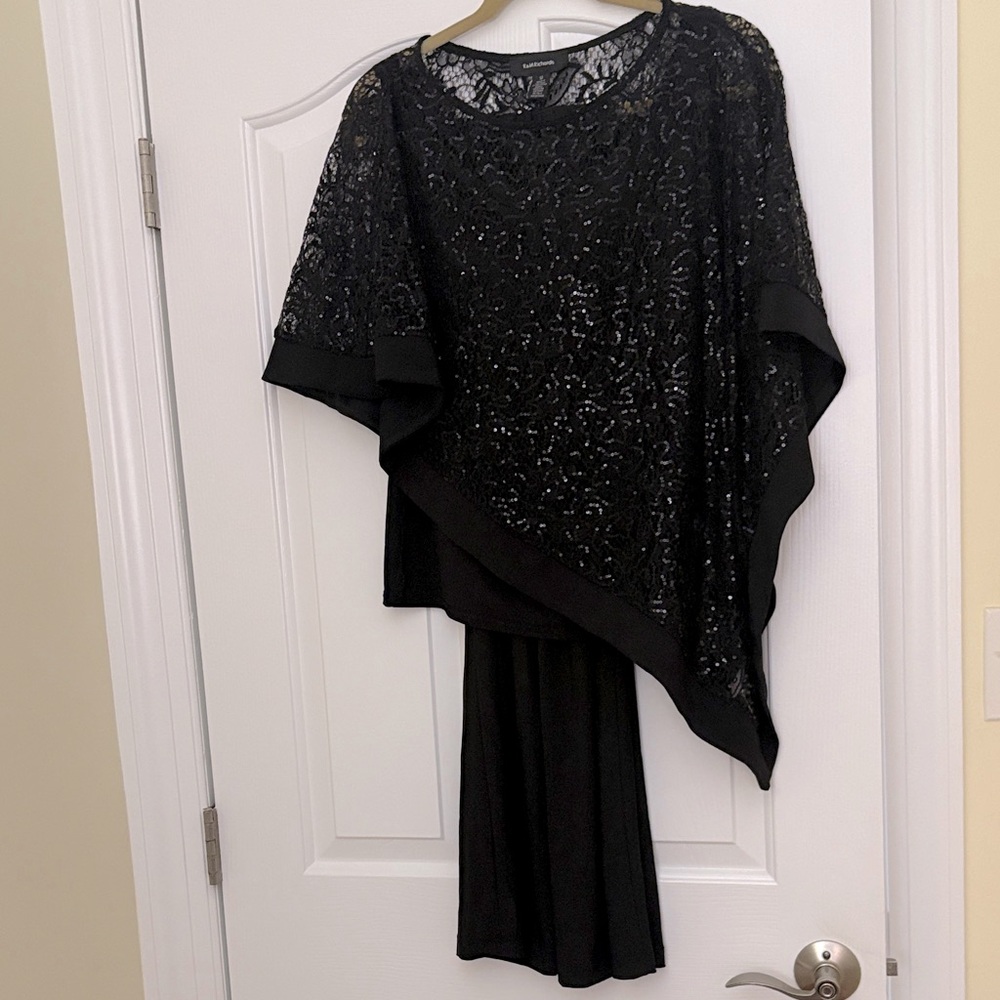 R&M Richards Elegant Black Sequined Lace Asymmetric Poncho /Wide Leg Black Pants